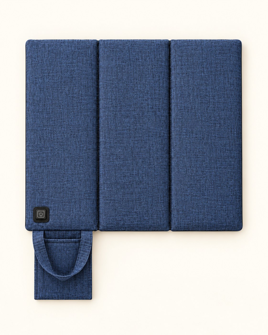 Navy square HeatSeat, with three panels, two parallel seams, a handle and control button