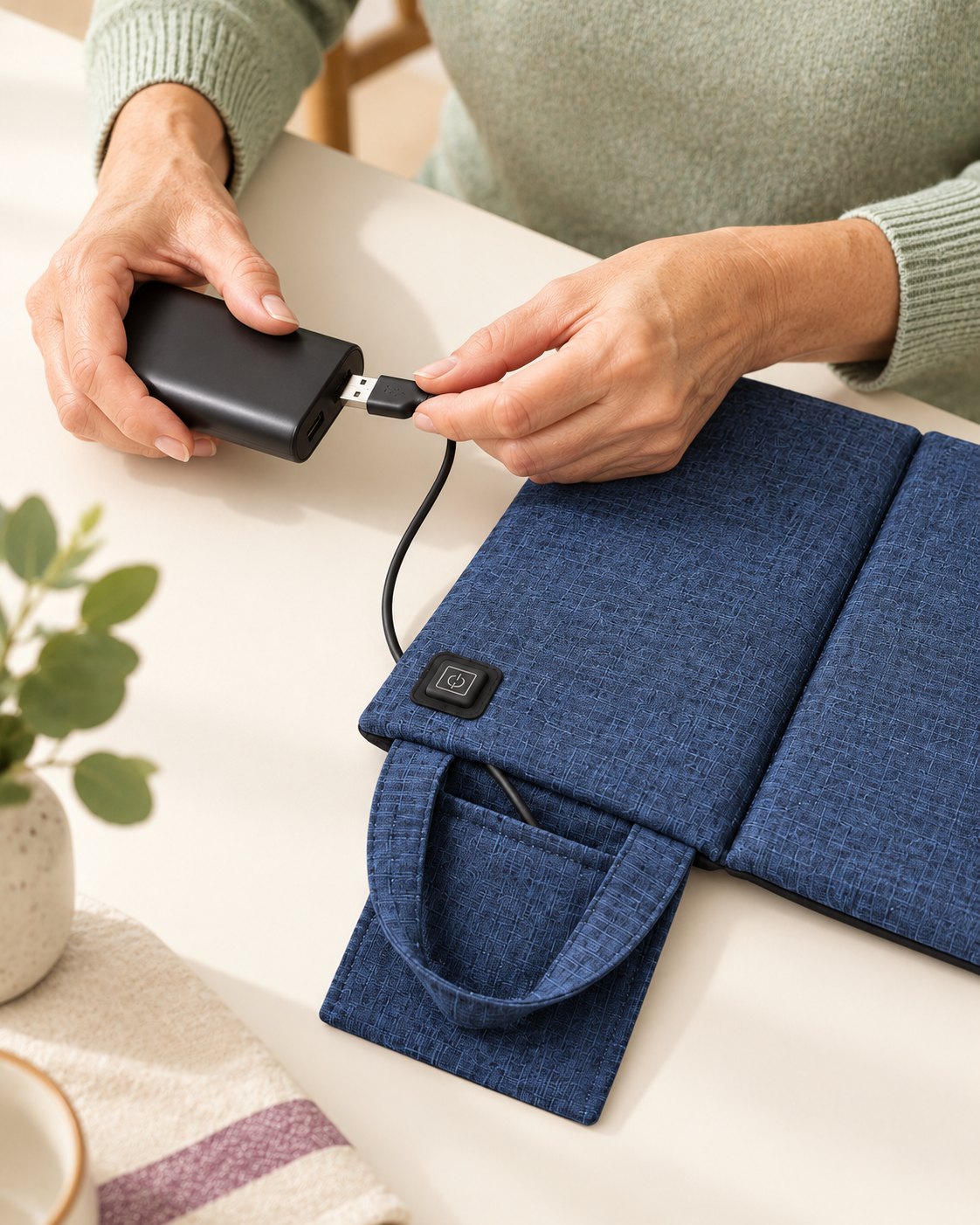 Hands connecting the HeatSeat cable to a compatible power bank