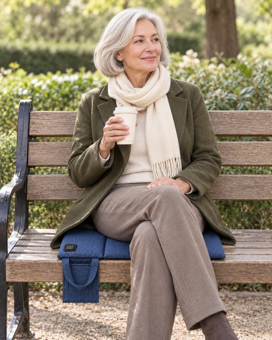 A woman enjoying a pause after a walk, seated on a navy HeatSeat pad